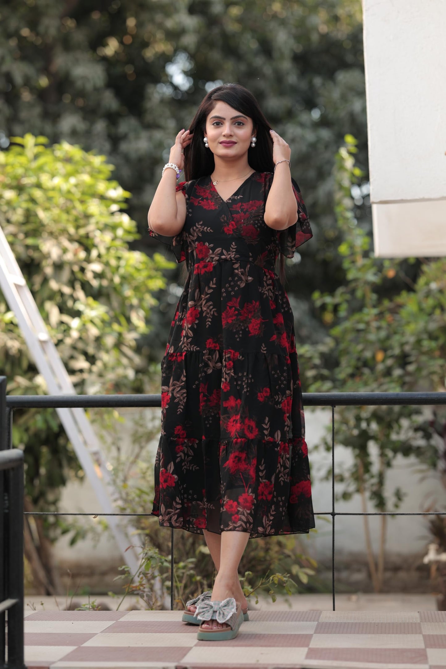 HOSI Georgette Fit and Flare Below The Knee One Piece Maxi Dresses Midi Dress for Women Black