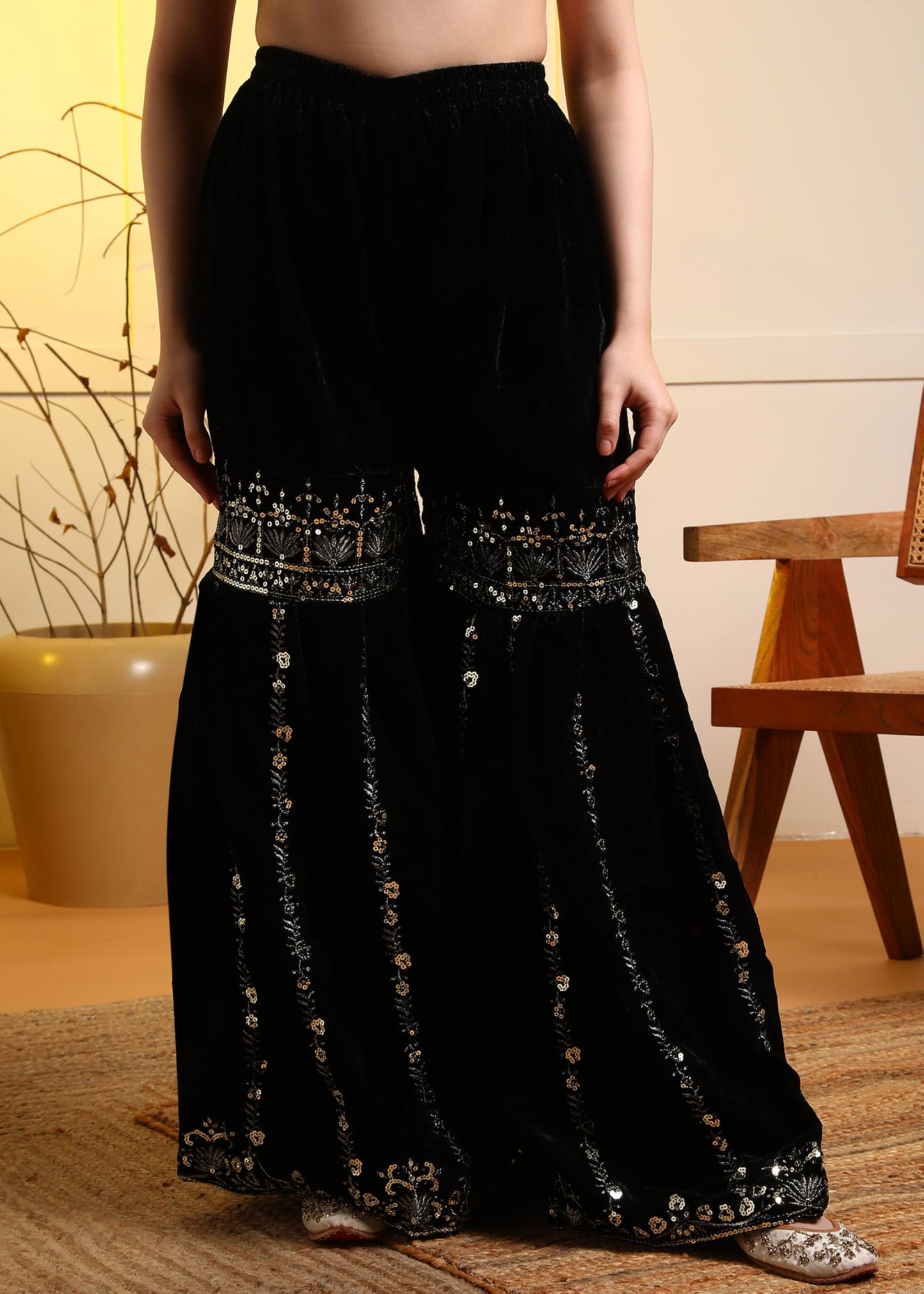 Brulry Women's Black Embroidered Velvet Kurta with Sharara & With Dupatta