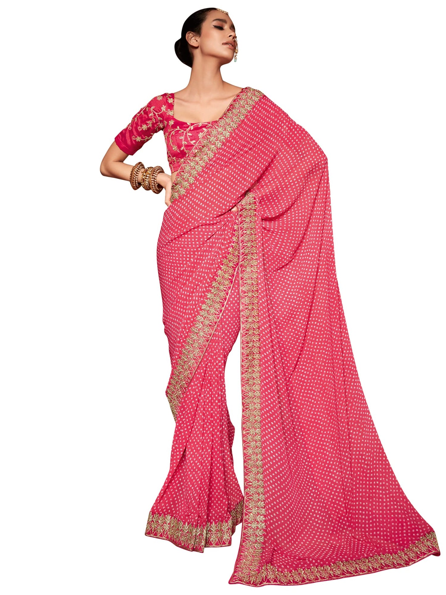AKHILAM Women's Bandhani Printed Embroidery Work In Lace Georgette Saree With Unstitched Blouse Piece (Pink_BANDHNI1009_SR)