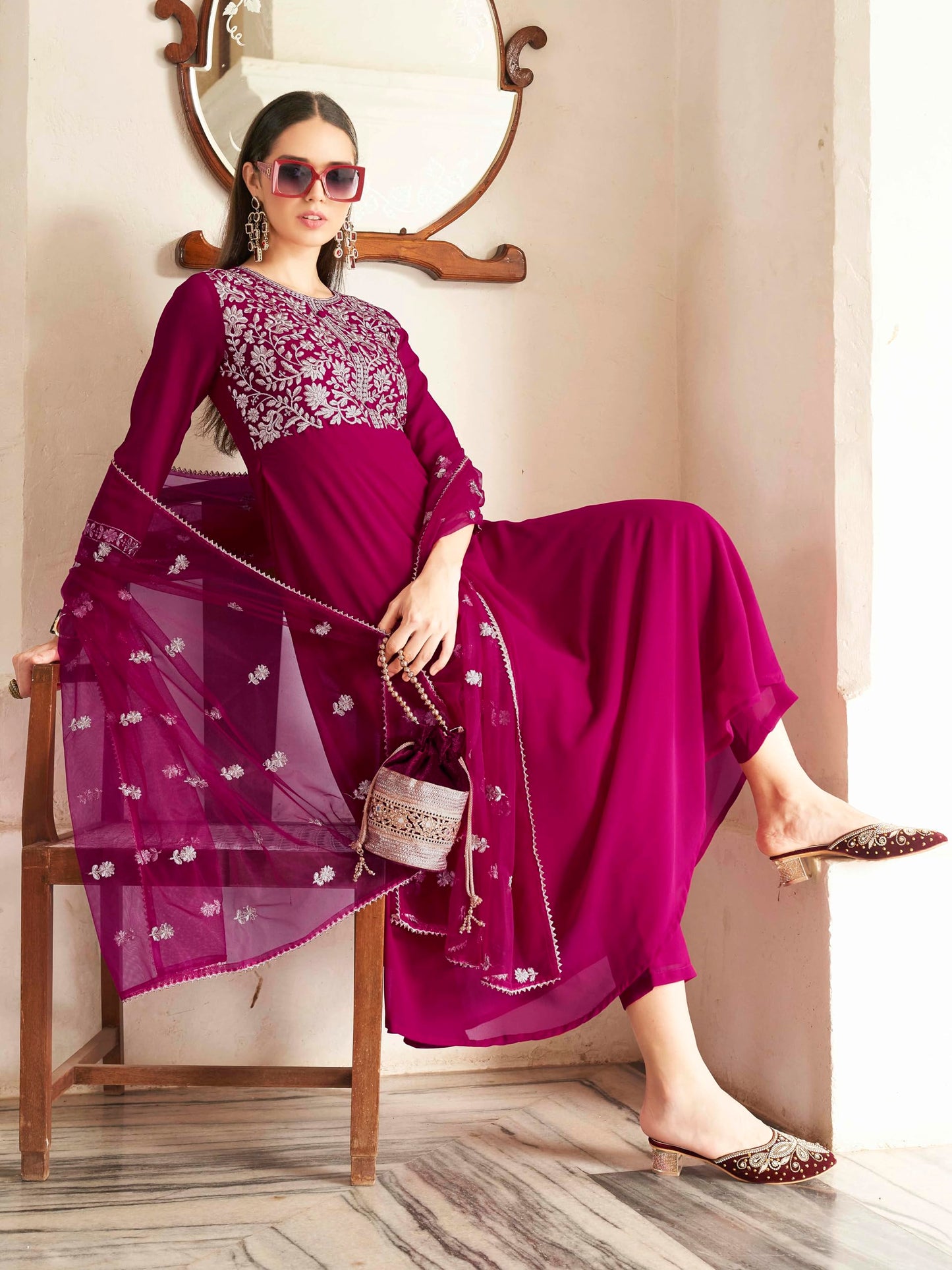 Womanista Women's Magenta Georgette Zari Embroidered Flared Kurta and Pants with Dupatta (Kurtaset_1323_XL)