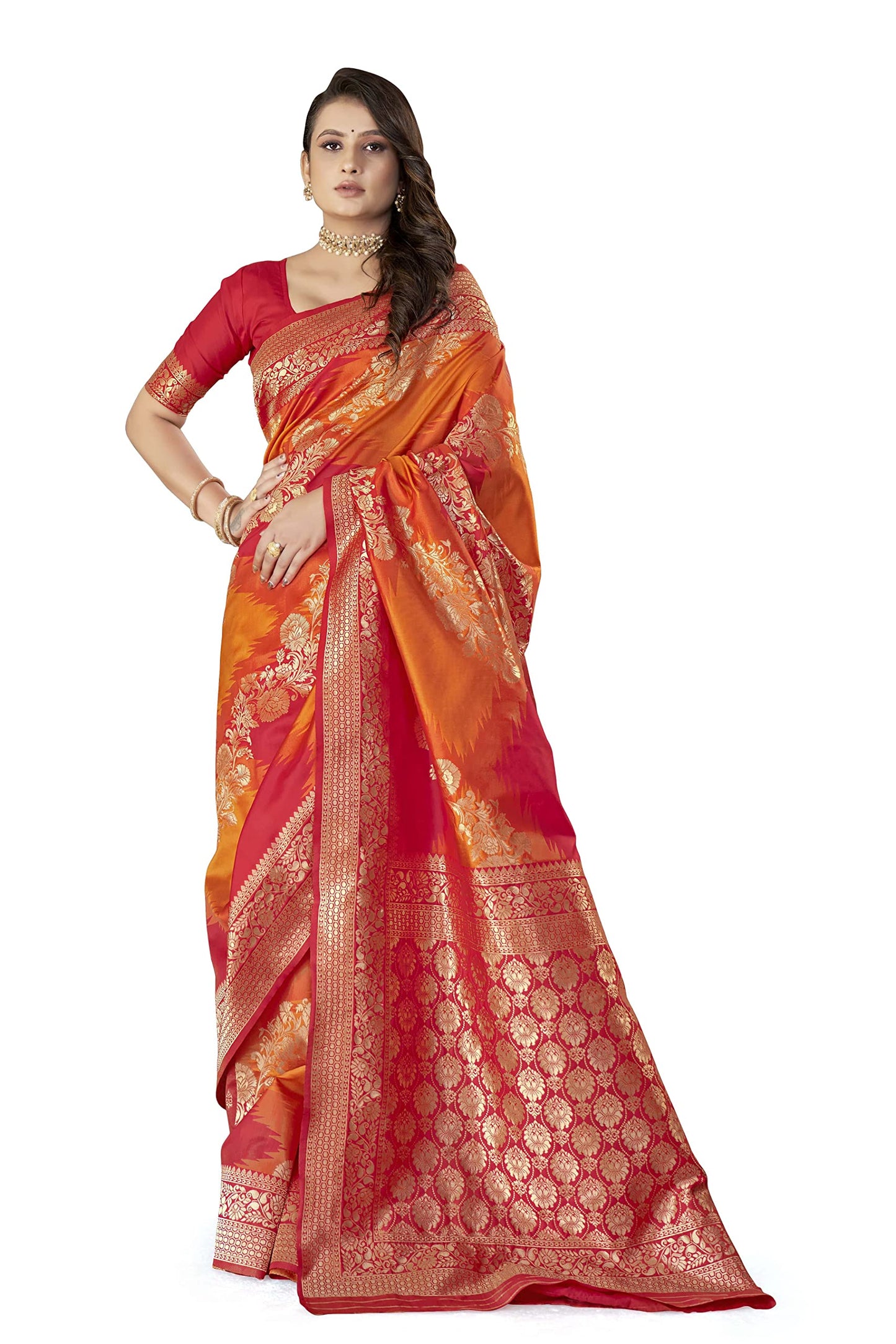 MANOHARI Women's Banarasi Silk Heavy Embroidery Traditional saree with Blouse PieceSaree