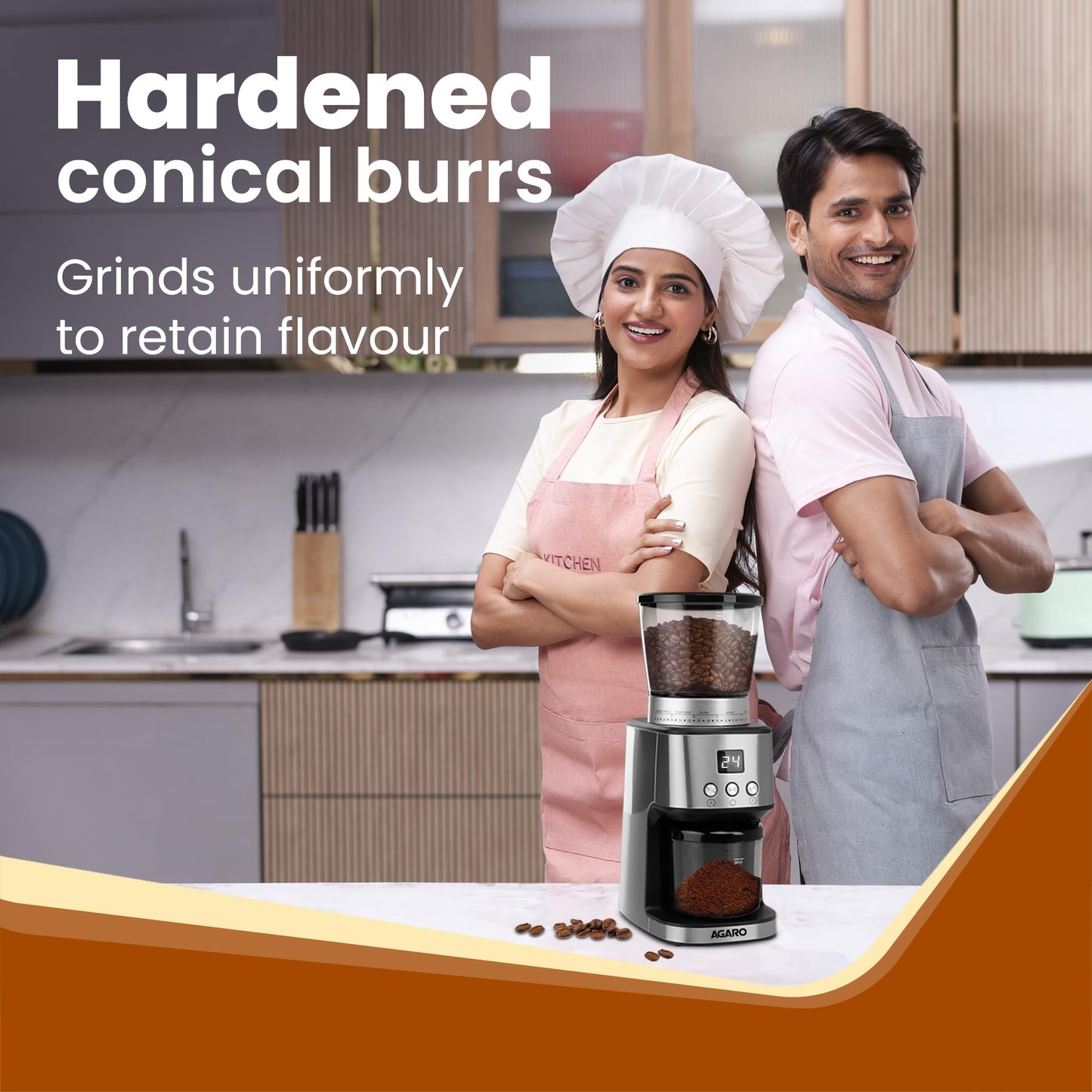 AGARO Stainless Steel Supreme Coffee Grinder,Conical Burr Grinder,31 Grinding Settings,Pulse Mode,Adjustable Digital Timer,Single Dose Grinder For Espresso Filter Dripper Moca,Espresso,Silver