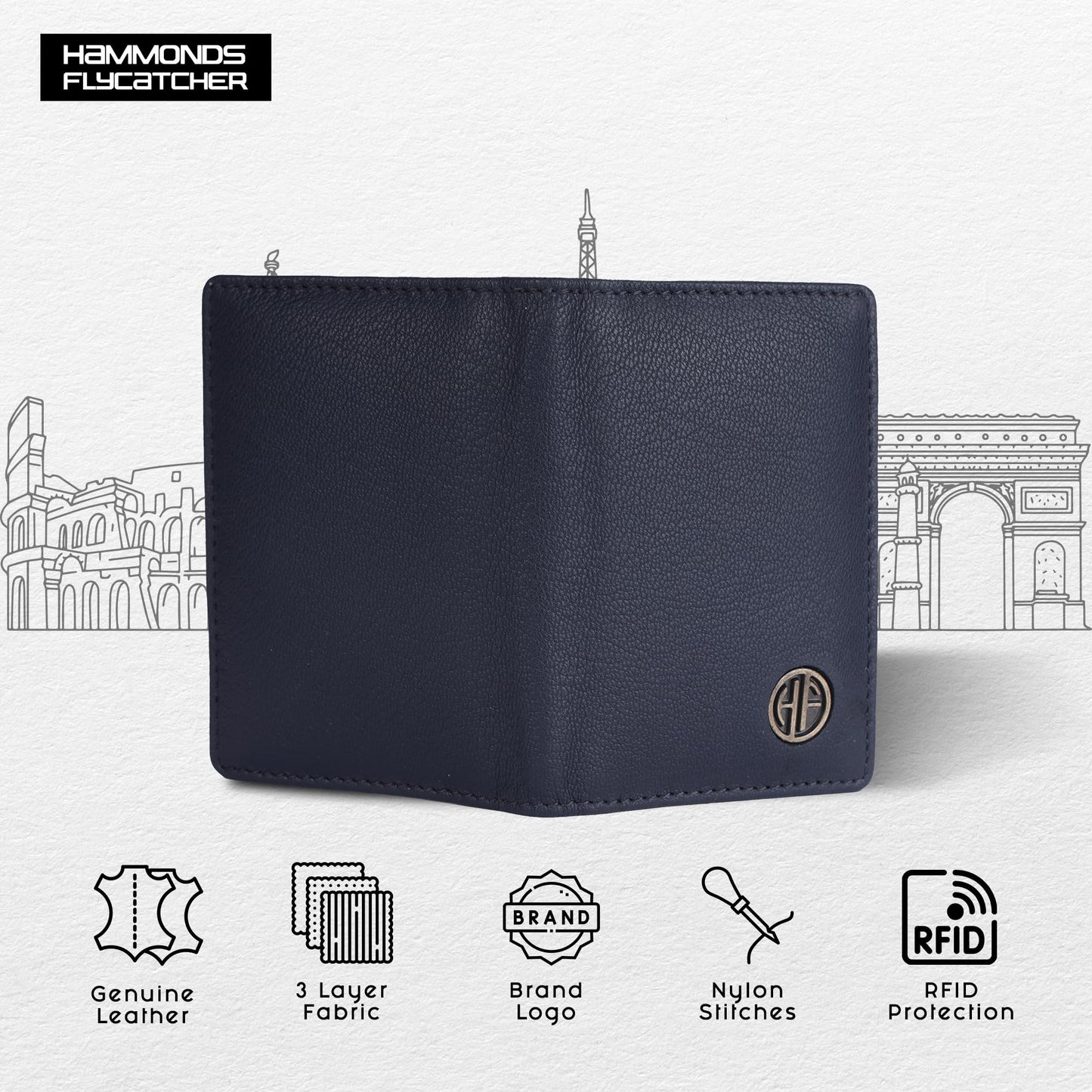 HAMMONDS FLYCATCHER Genuine Leather Card Holder for Men, Credit Card Holder, Slim Bi-Fold RFID Protected Credit Card Wallet for Men with 6 Card Slots, Metal Snap Button - Blue