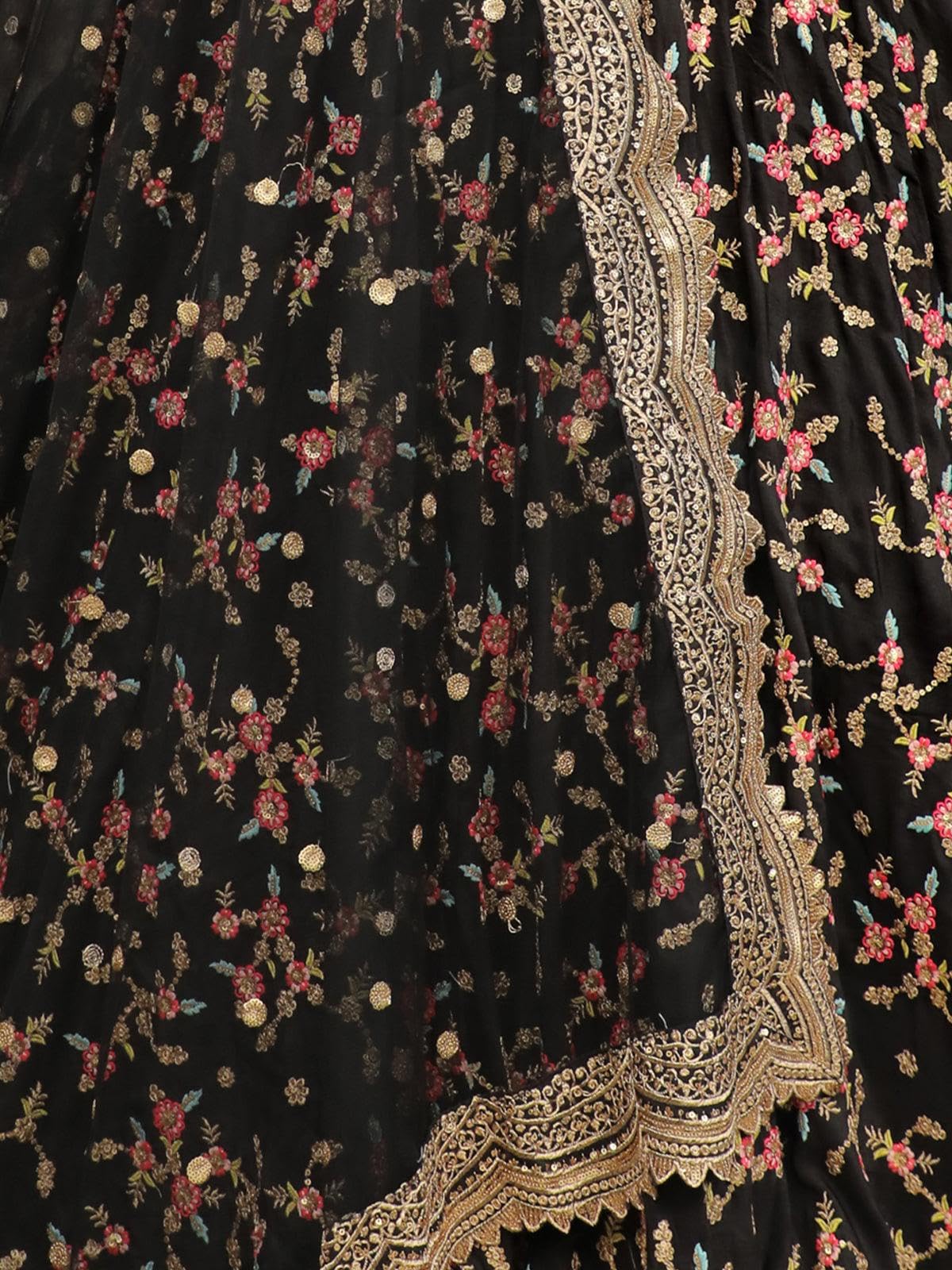 ODETTE Women Black Floral Sassy Semi Stitched Lehenga With Unstitched Blouse for the size of - Free Size