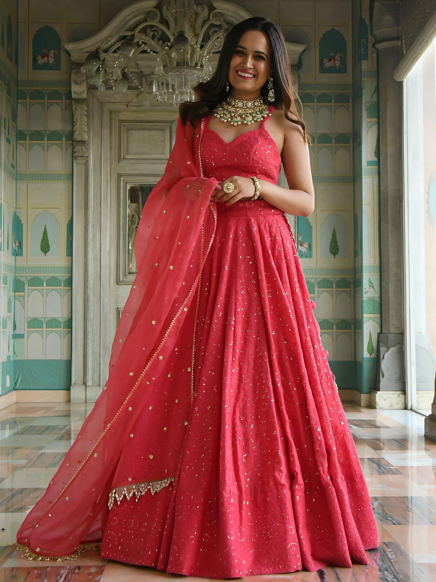 Zeel Clothing Women's Sequins Thread Embroidered Georgette New Lehenga Choli With Dupatta (7082-Pink-Wedding-Stylish-Latest; Free Size)