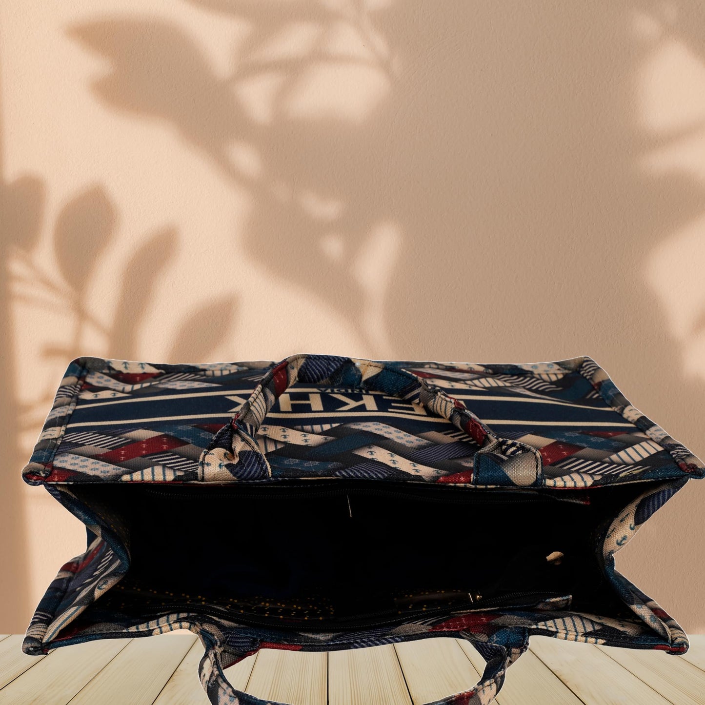 LX LEKHX Designer Tote Bag for Women | Premium Laminated Jute Canvas Handbag with Geometric Print | Stylish Spacious Office, College, Travel & Laptop Bag (Fits 16 Inch) (Multicolor-Blue)