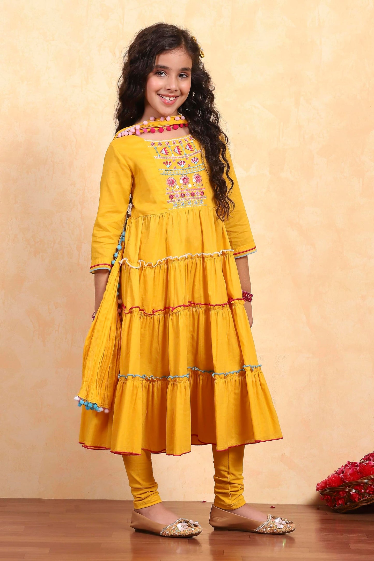 Biba Girl's Yellow Cotton Tiered Solid Suit Set