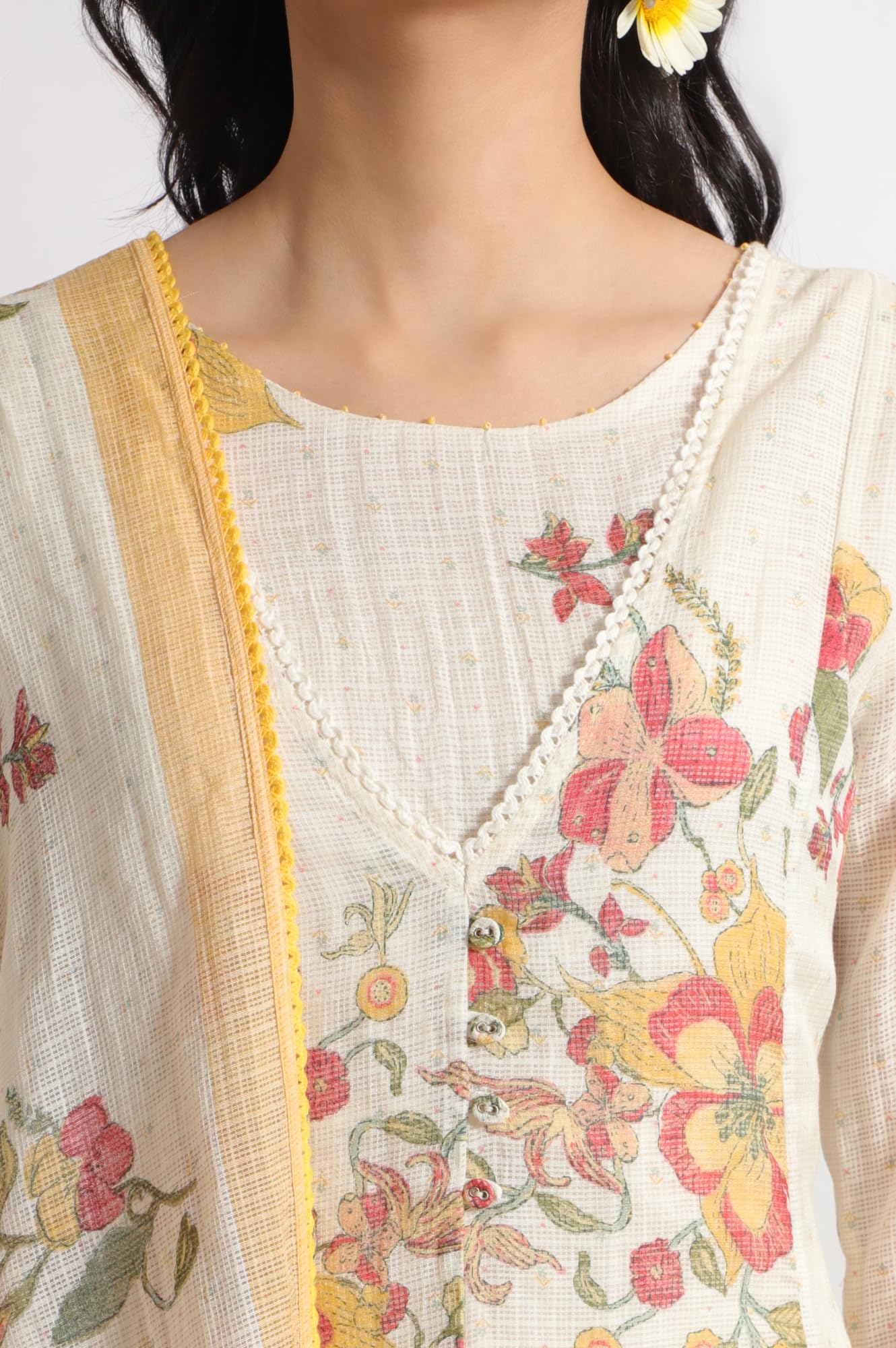 W for Woman White Floral Printed Mock Layered Kota Flared Kurta and Pants Set with Dupatta (Size: XS)-WS11600-124279