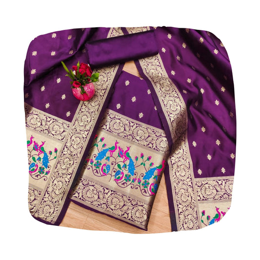SHANTVAN GALLERY Banarasi Dress Materials for Women Unstitched Suit Set with Dupatta, Pure Zari Soft Banarasi Silk Suit Material for Women Unstitched Peacock Design Salwar Suit Material - Purple