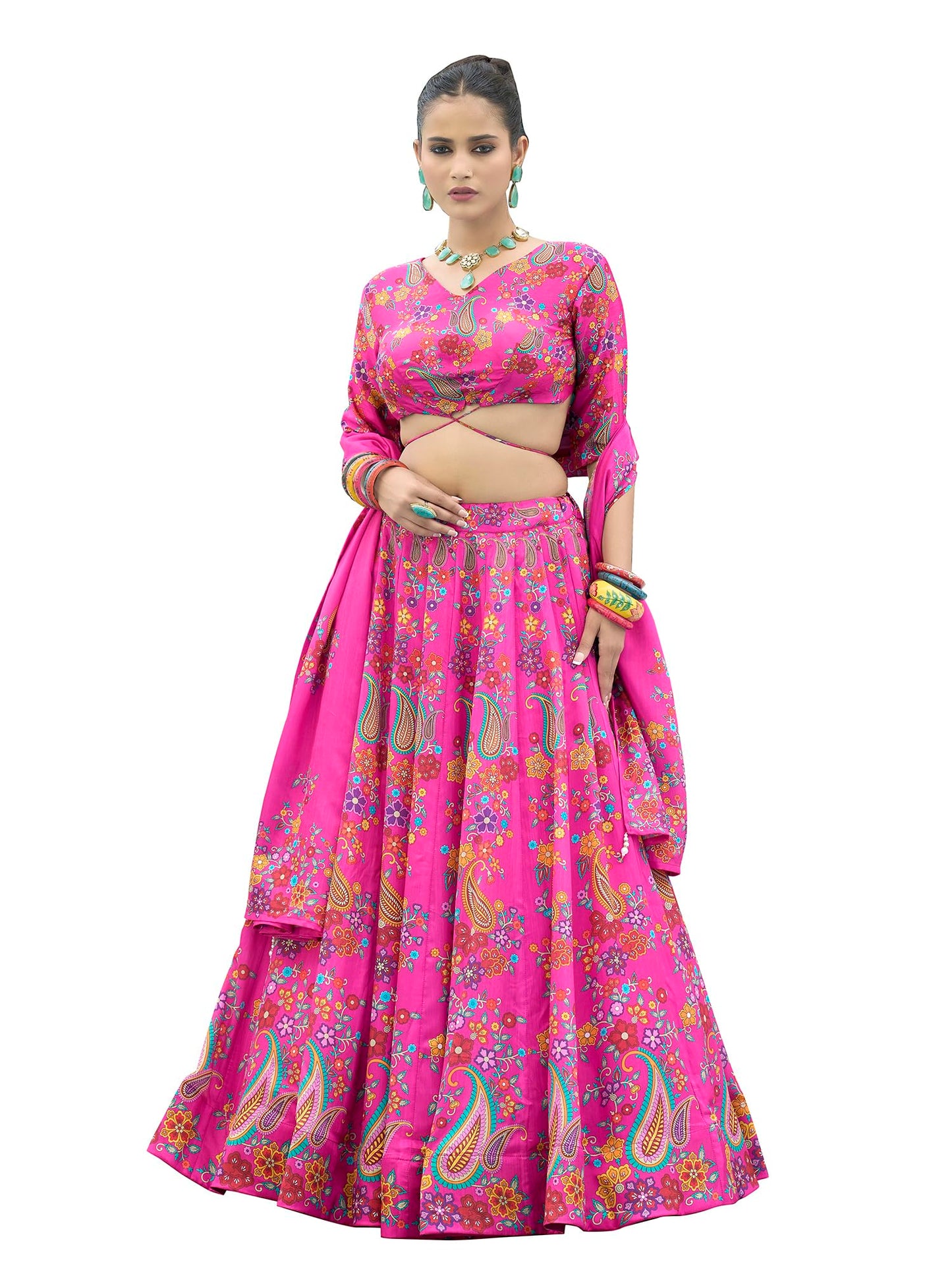 PURVAJA Women's Chinon/Art Silk Semi-Stitched Lehenga choli (Sachi-Pink_Free Size)