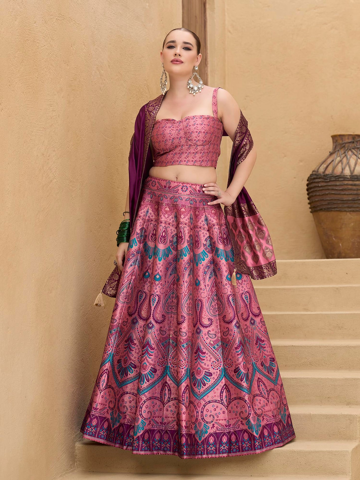 PURVAJA Women's Kanjiwaram Semi-Stitched Lehenga choli (Lazya-Pink_Free Size)