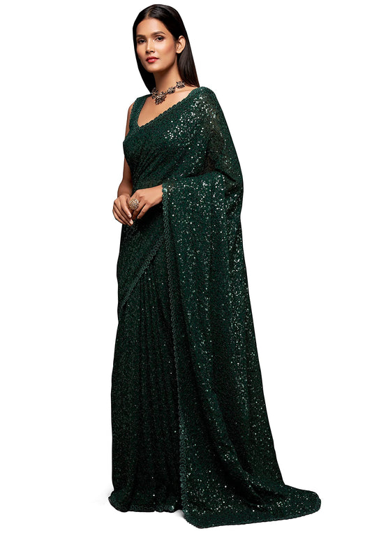 Zeel Clothing Women's Dark Green Sequins Work Heavy Georgette Saree with Blouse (1008-Deep-Green-Sequins-Party-Saree, Deep Green)
