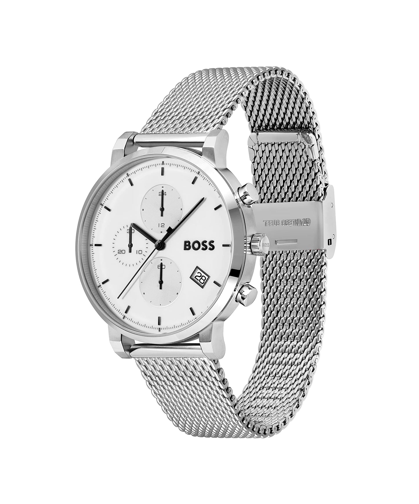 BOSS Integrity Qtz Fashion Chrono White Round Dial Men's Watch|Stainless Steel Material|Silver Color Band - 1513933