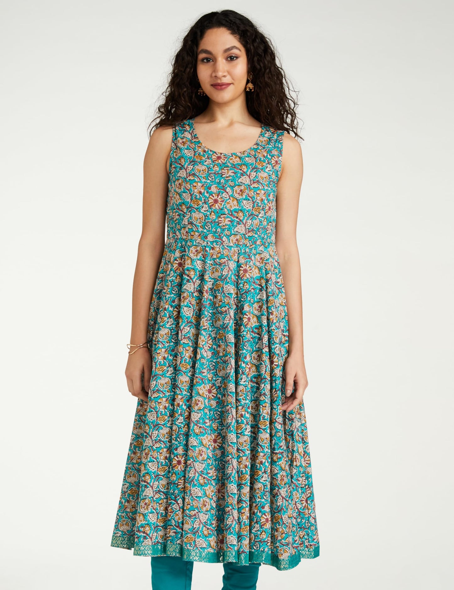 BIBA Women Polyester Blend Printed Layered Salwar Kurta Dupatta(Skdassorted7567E_Turquoise_38)