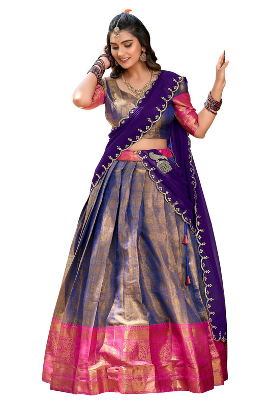 LooknBook Art Women's Solid Pattern Jacquard Silk Lehenga Choli Dupatta Set with Unstitched Blouse Piece and Zari Weave Type