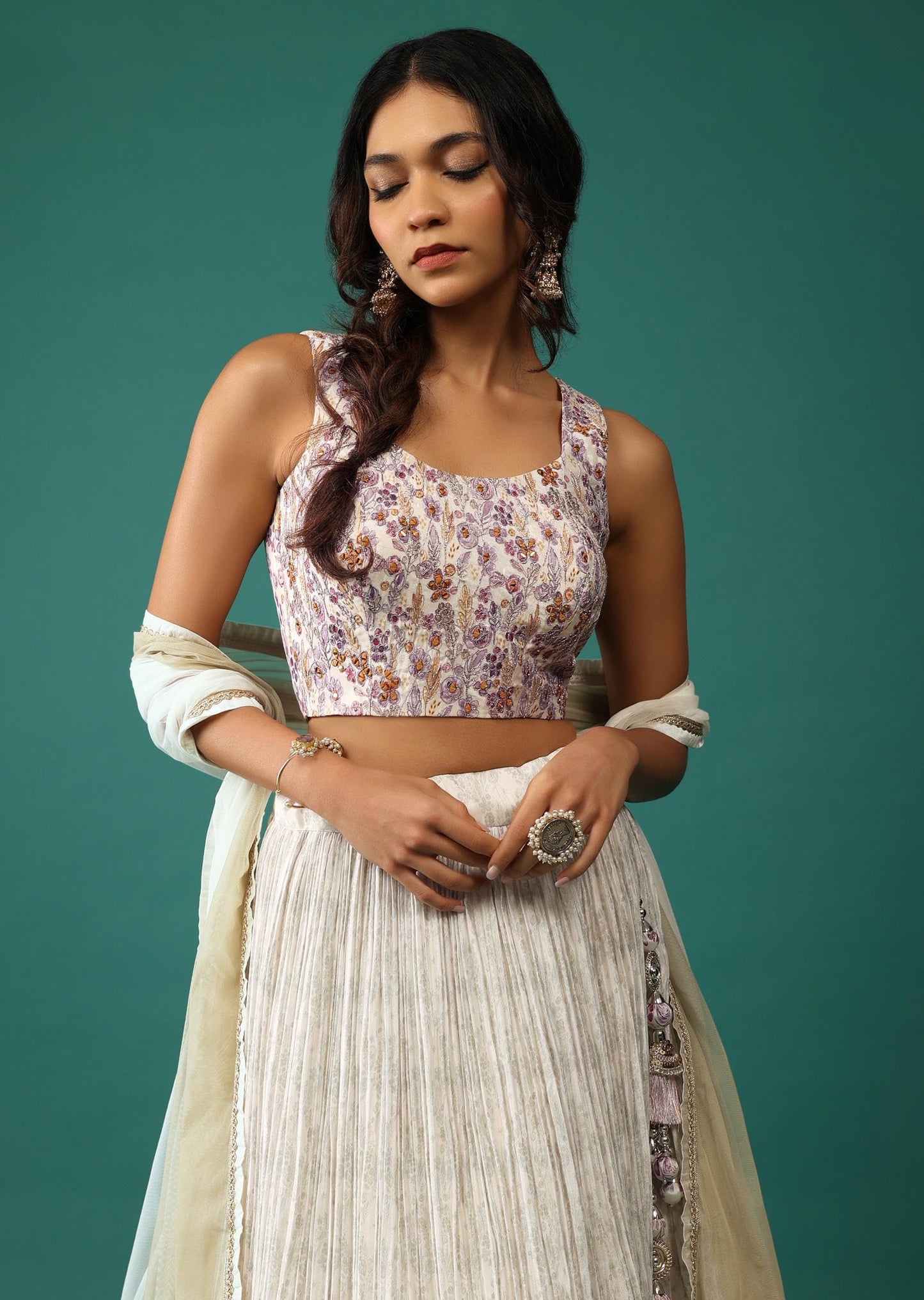 Zeel Clothing Digital Print Mirror Hand Work Georgette Lehenga Choli with Dupatta (5100-White-Wedding-Stylish-Lehenga-Choli; Free Size)