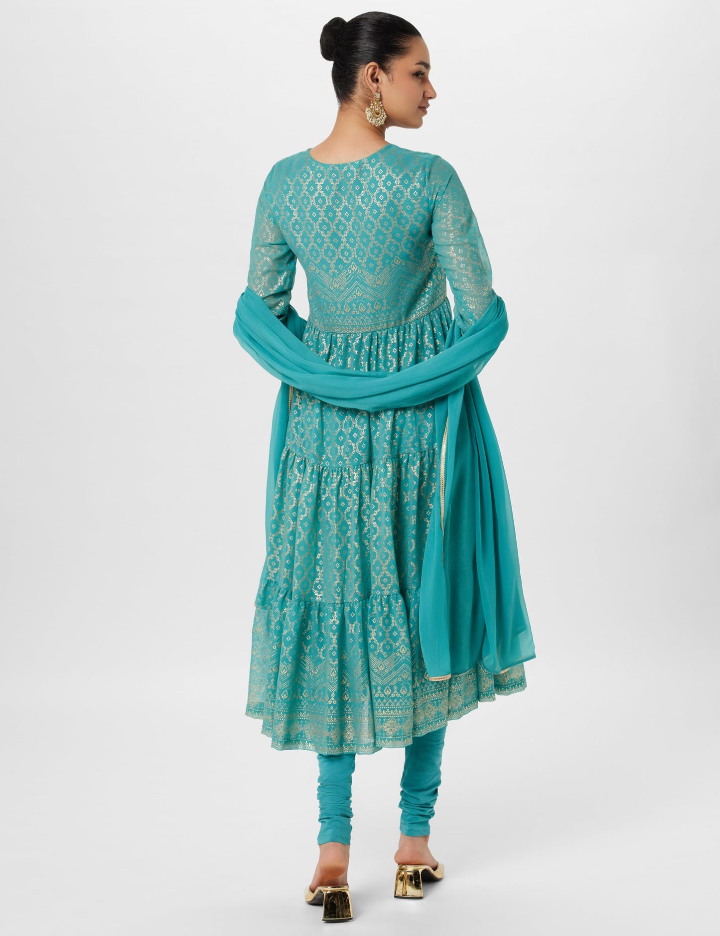 BIBA Cotton Blend Women Printed Anarkali Regular Fit Salwar Kurta Dupatta(Skdgold Mur9143_Sea Green_38)