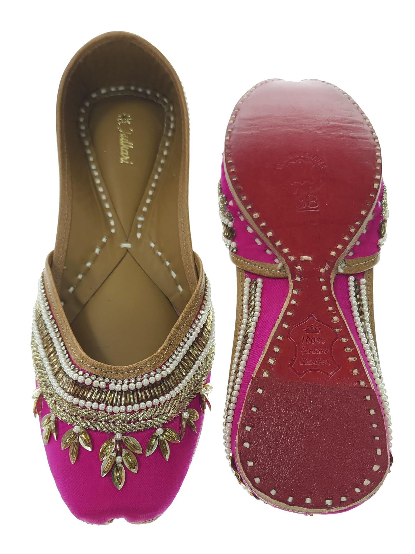 Fulkari Women's Blossom Magenta Gold Soft Leather Embroidered Jutis | Bite and Pinch Free Jutti | Punjabi Formal Juttis | Girl's Wedding Flat Ladies Mojari | Formal Ethnic Juti | 41