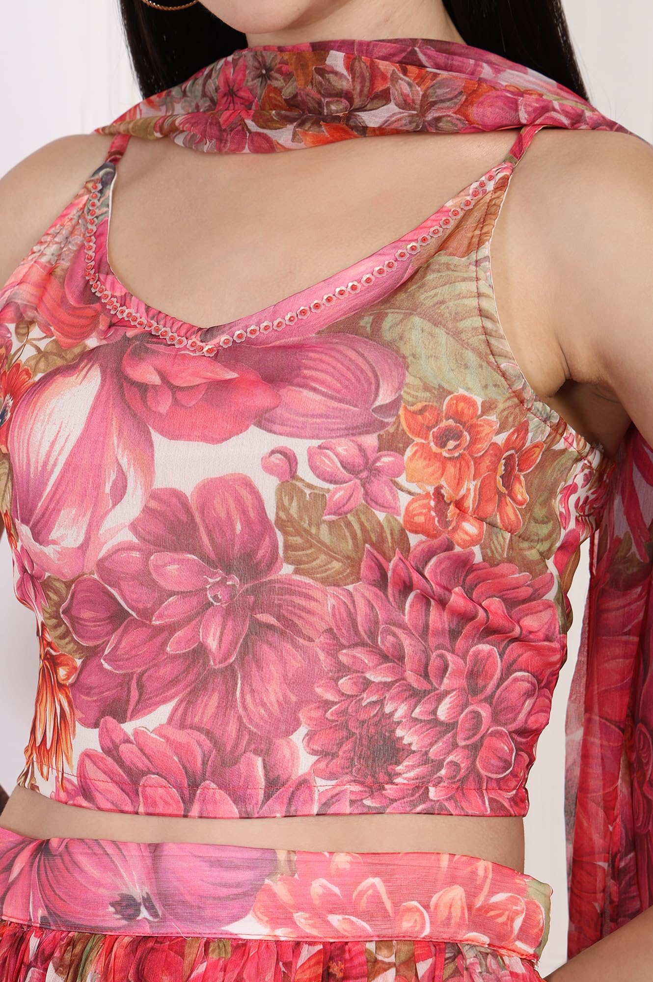 W for Woman Floral Printed Embellished Flared Georgette Crop Top with Skirt and Dupatta Set (WS13898)