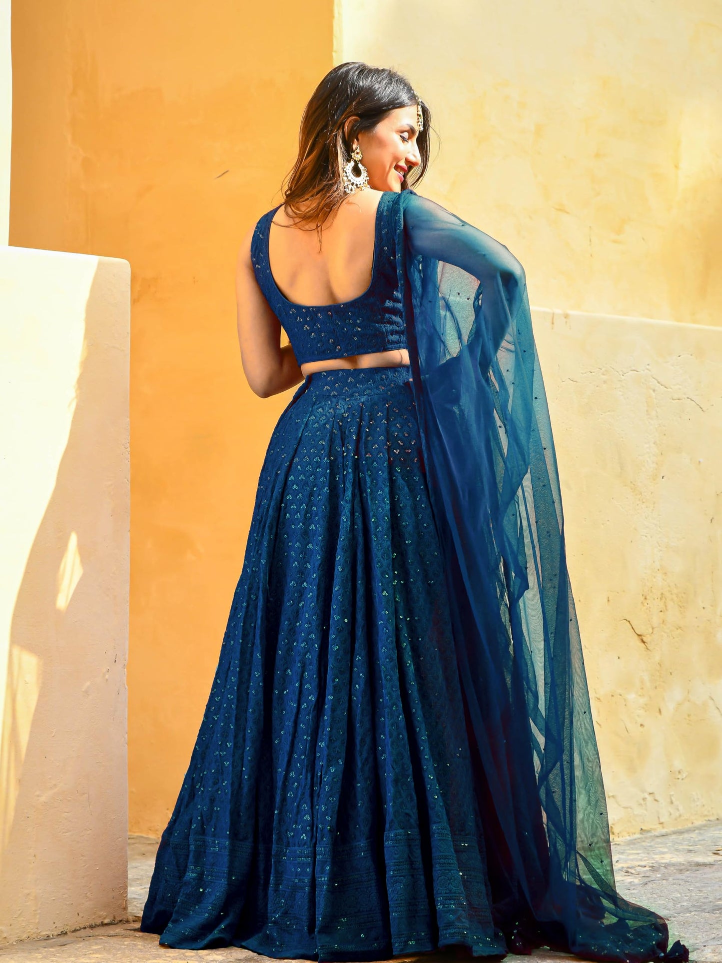 Zeel Clothing Women's Georgette Semi-Stitched Sequins Thread Embroidered Designer Lehenga Choli With Dupatta (5124-Blue-S-Lehenga-Choli-Latest; Free Size) (Blue)