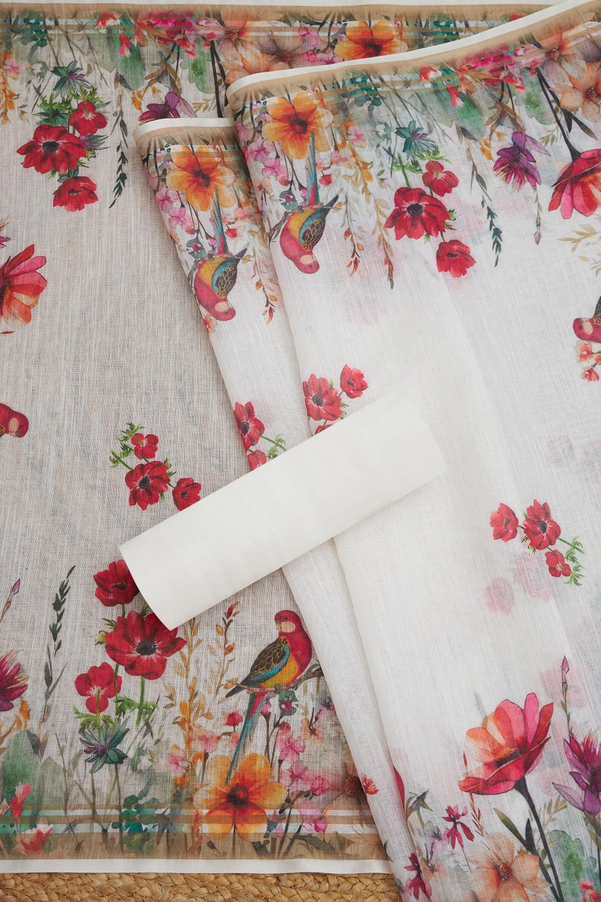 Soch Womens Off White Linen Botanical Print Unstitch Dress Material With Sequins