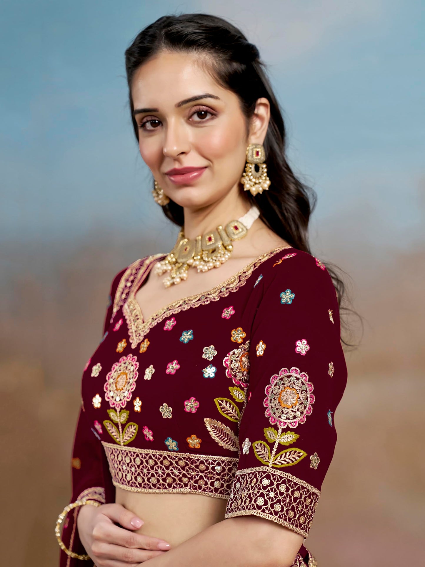 Zeel Clothing Women's Sequins Thread Embroidered Georgette Lehenga Choli With Dupatta (6008-Maroon-Women-Lehenga-Choli-New; Free Size)(Maroon)