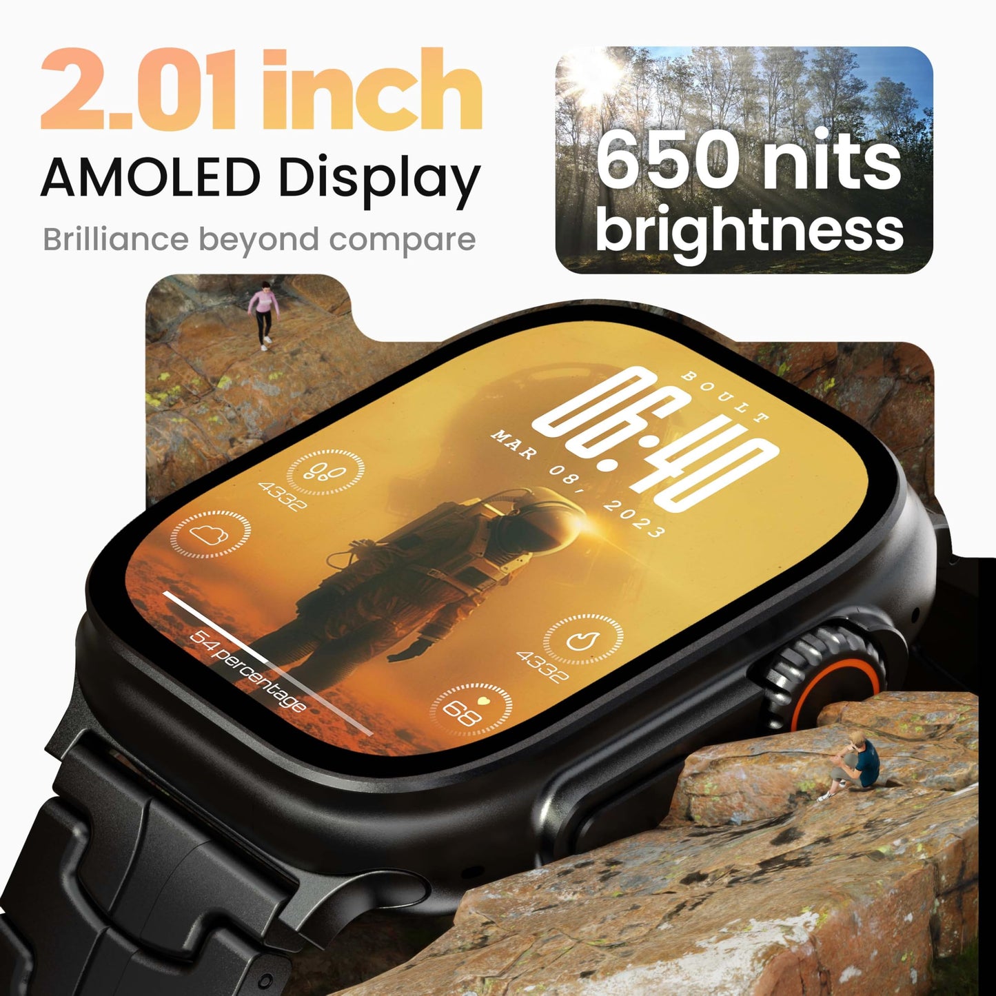 GOBOULT Newly Launched Crown Pro Smart Watch 2.01'' AMOLED, BT Calling, Working Crown, Zinc Alloy Frame, AI Voice Assistant, SpO2 Monitoring, 120+ Sports Mode (Metal Black)