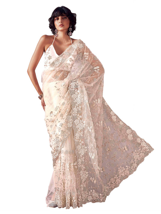 Womanista Women's Net Embroidered Saree (TI6580_Cream)