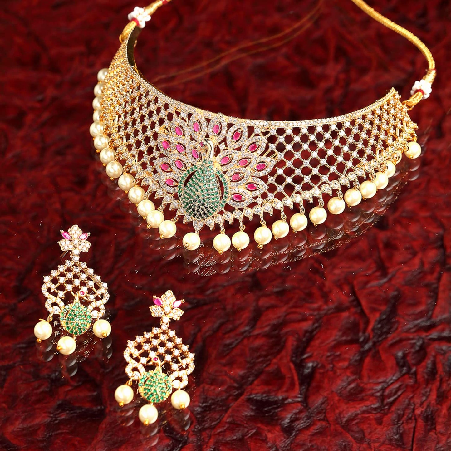 ZENEME Gold Plated White & Red American Diamond Studded With Drop Pearl Beaded Jewellery Set For Women & Girl (Design 3)