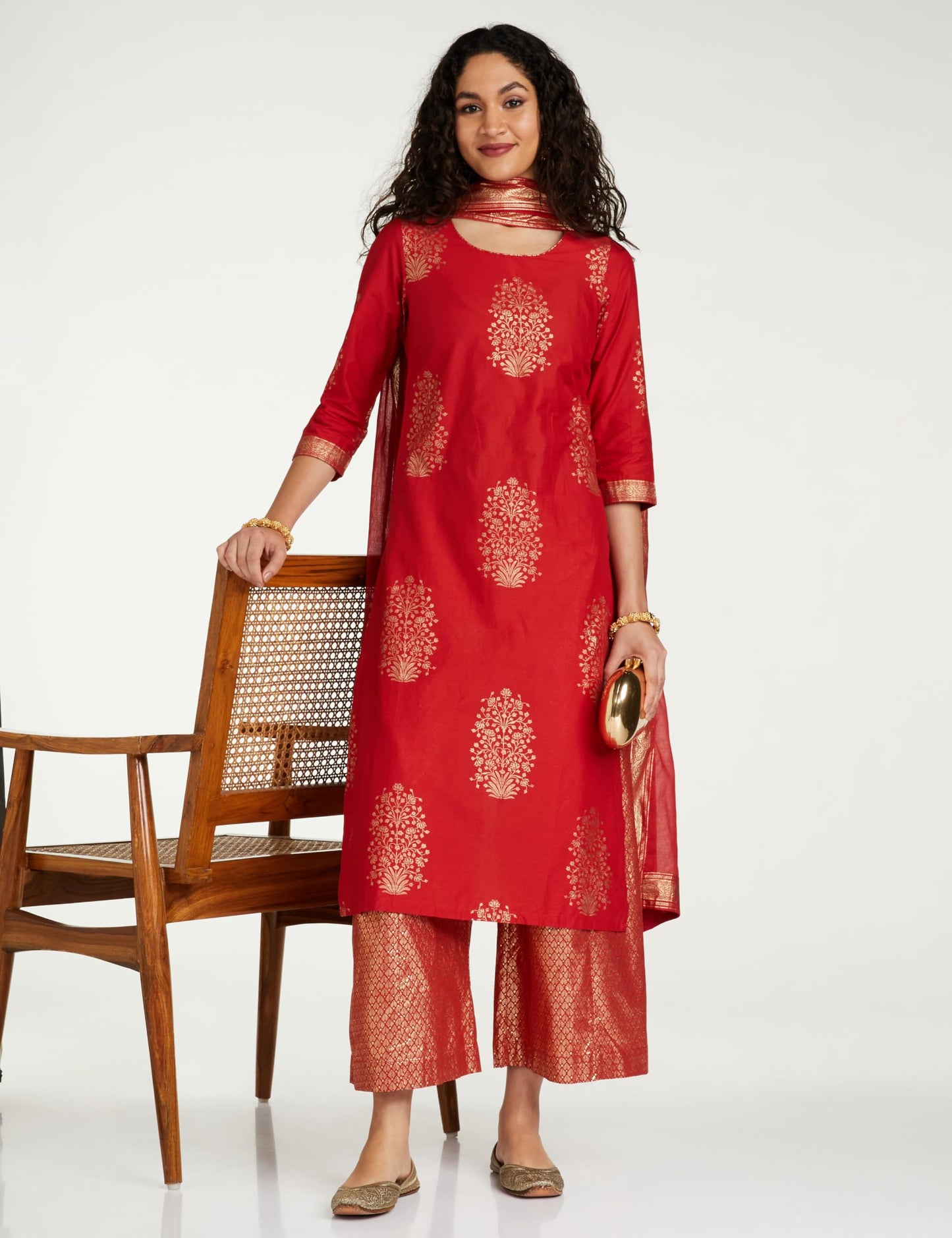 BIBA Cotton Women Printed Relaxed Salwar Kurta Dupatta(Skd7074_Red_34)