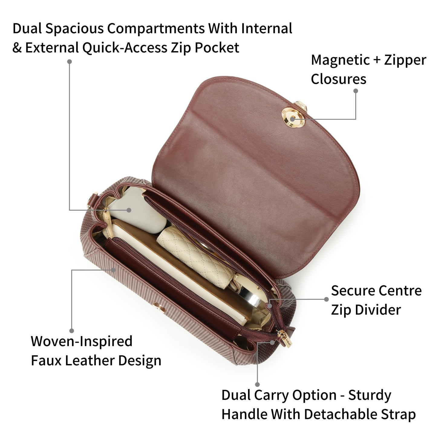 Fastrack Twine Charm Satchel | Faux-Leather Women’s Satchel | Dual Compartments with Centre Zip Pocket, External Quick-Access Zipper, Gold-Accent Flap & Adjustable Strap