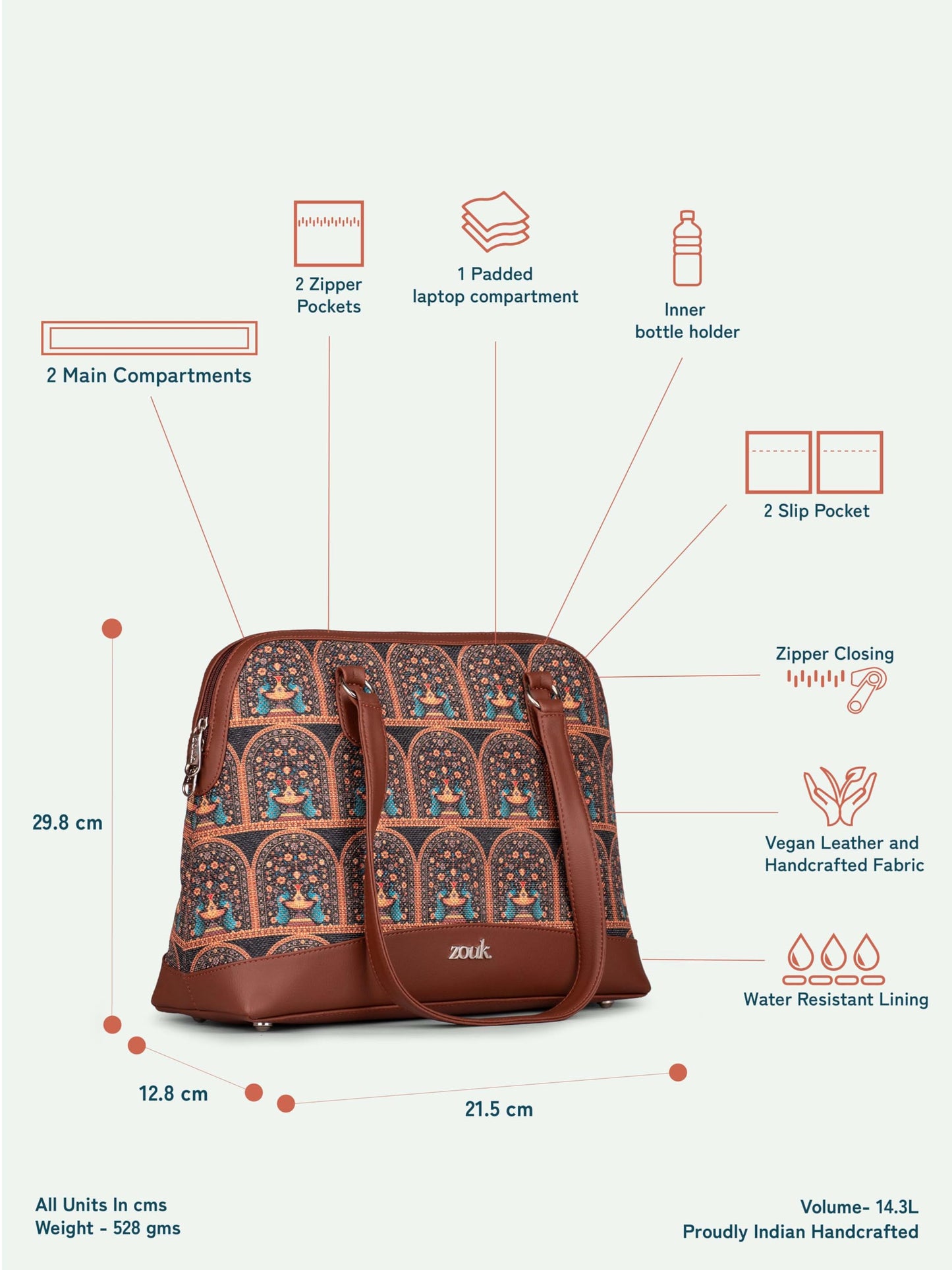 ZOUK Royal Indian Peacock Motif Carry All Work Bag | Jute | Vegan Leather Handcrafted Shoulder Bag for Women's & Girls | Teal