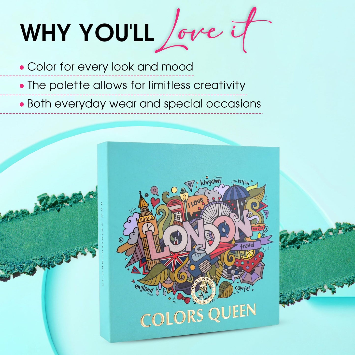 Colors Queen Country Obsession Eyeshadow Palette – London, 21.5g | 9 Highly Pigmented Eyeshadow Palette with 2 Blusher, 1 Highlighter & 1 Bronzer | Matte & Shimmery Finish