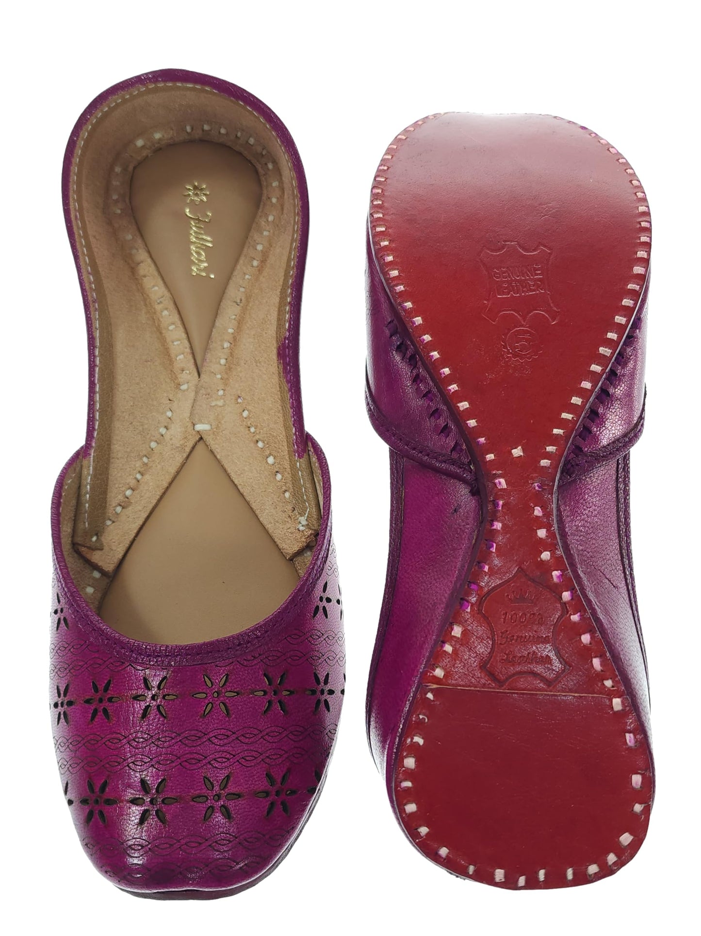 Fulkari Women Magenta Dark Cutwork Casual Genuine Soft Leather Jutis | Bite and Pinch Free Juttis | Punjabi Jutti | Girl's Office Flat Ladies Mojari | dailywear Ethnic Juti | 36