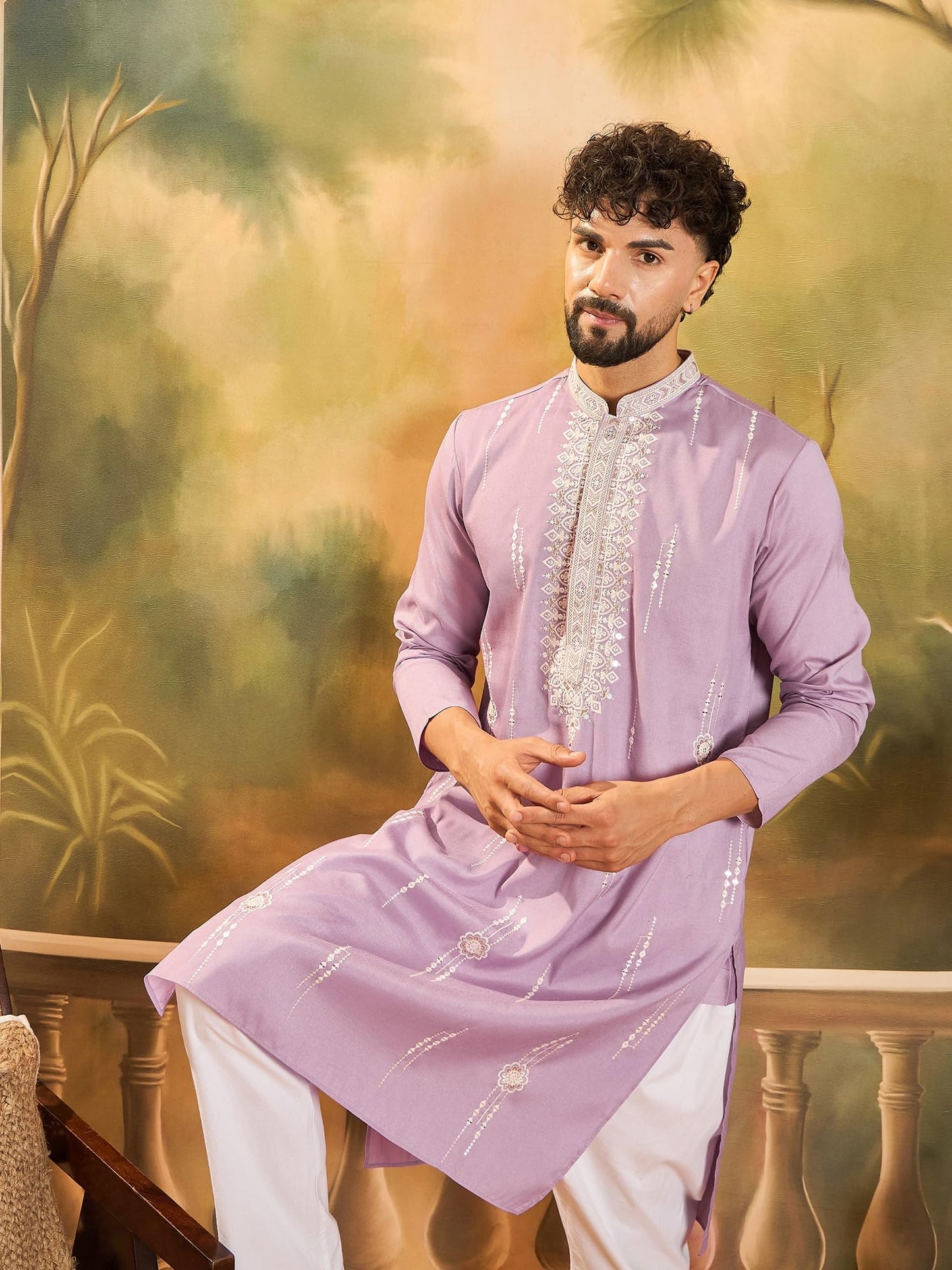 Ethnic Bay Men's Lavender Silk Blend Solid Embroidered Calf Length Kurta | Embroidered Kurta's for Men | Straight Fit Kurtas for Mens (MKU1489, XL)
