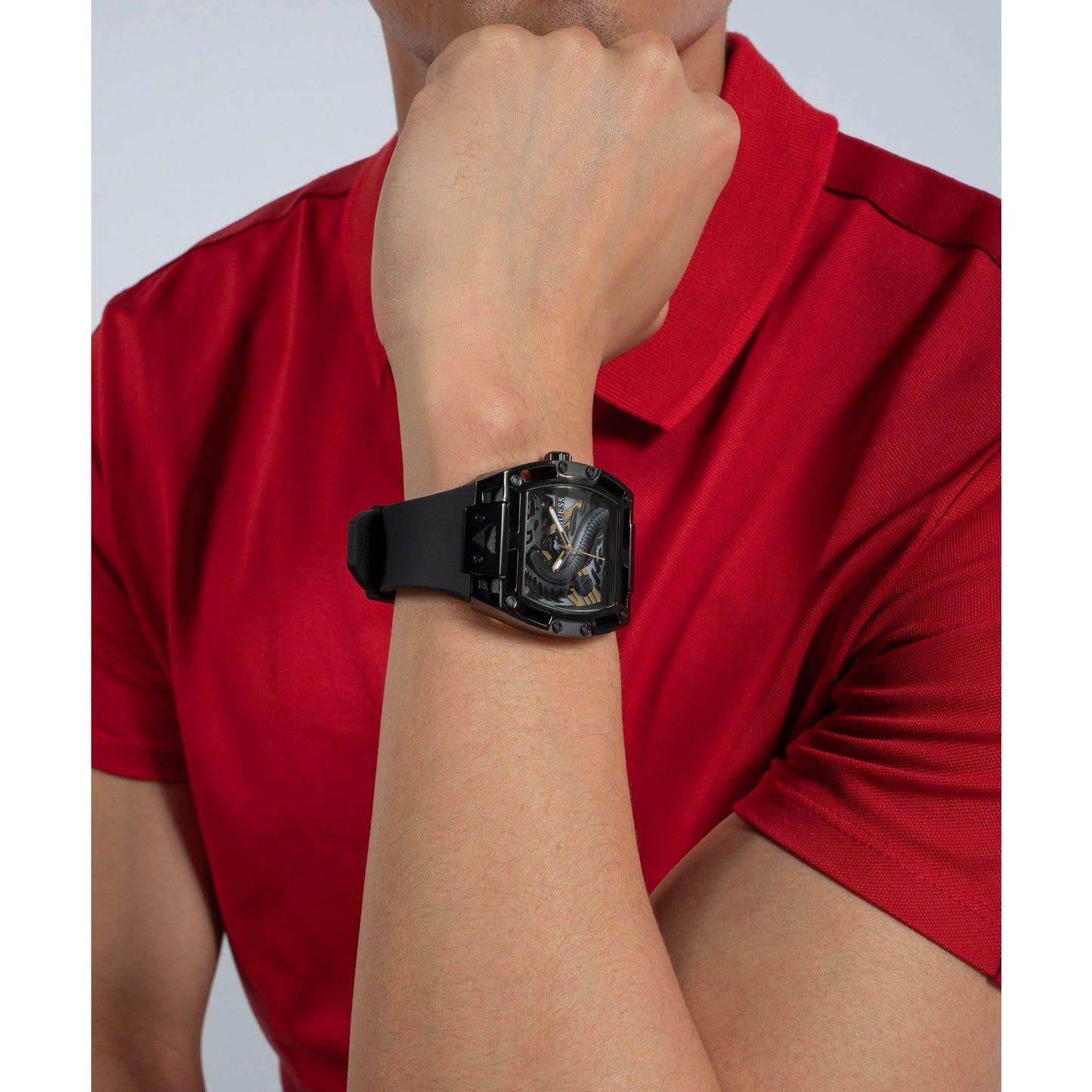 GUESS Silicone Men 44Mm Analog Watch - Black Strap Black Dial Black Case, Black/Black/Gold, Classic, Black Band