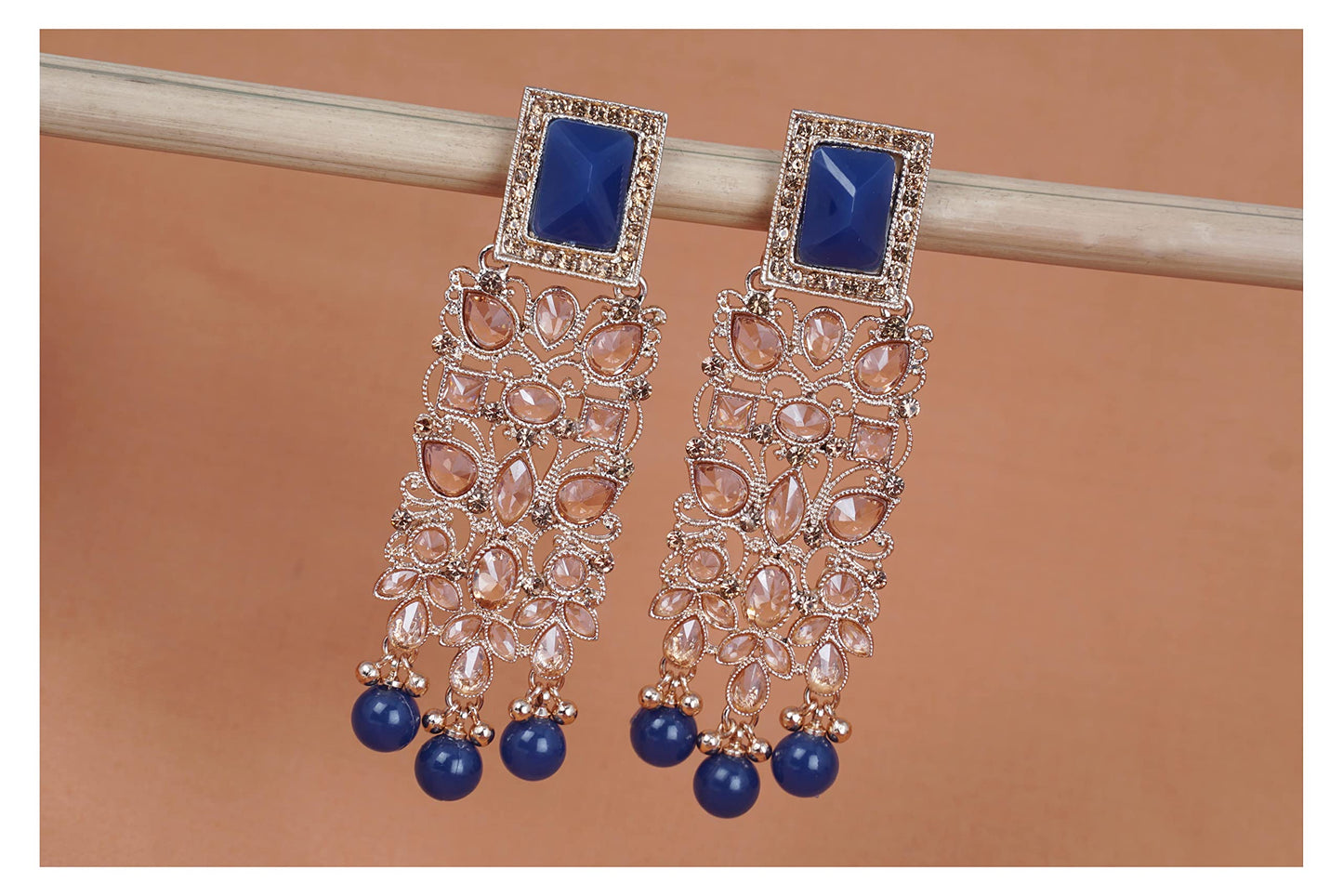 JFL - Jewellery for Less Stylish Beautiful Gold Tone LCD Polki Stone Studded with Drop Pearl Dangler Earrings for Women and Girls (Royal Blue).