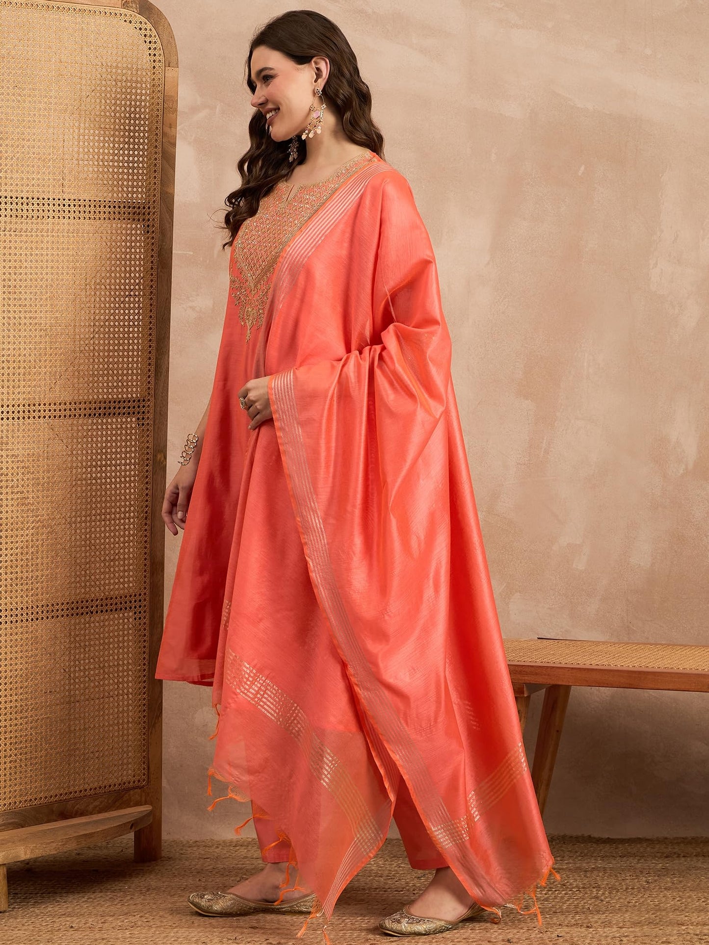 Rangavali Rust Embroidered Festive Anarkali Suit Set | Silk Chanderi Readymade Outfit Kurti, Pant & Dupatta for Women | Kurti Set for Ladies | 3 Pcs, L, 36