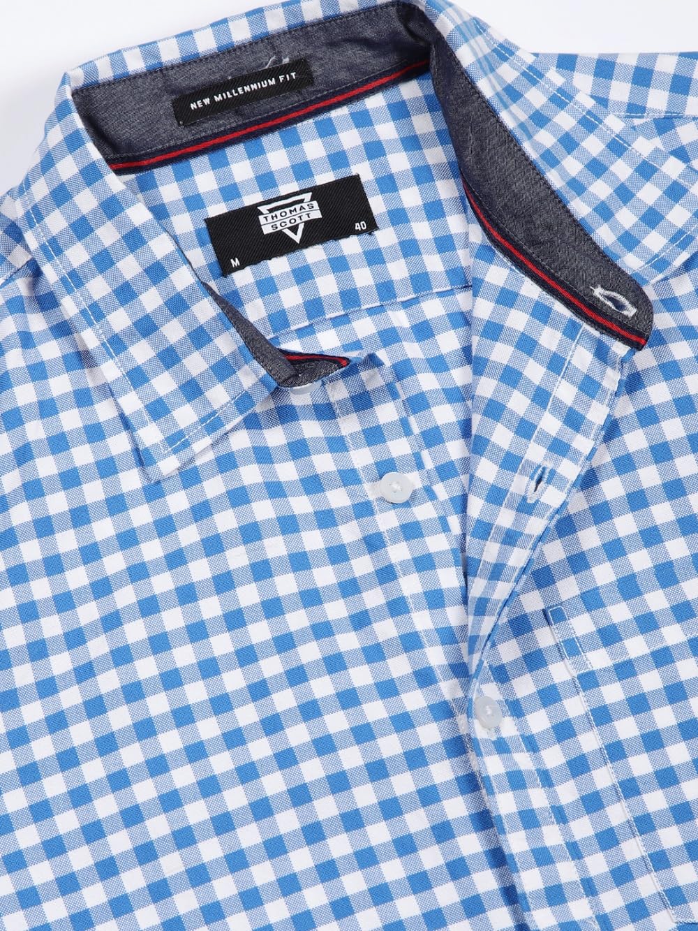 Thomas Scott Men | Long Sleeves | Gingham Checks | 100% Cotton | Spread Collar | Casual Shirt | (Available in Plus Size)(TS1481_Blue_XL)