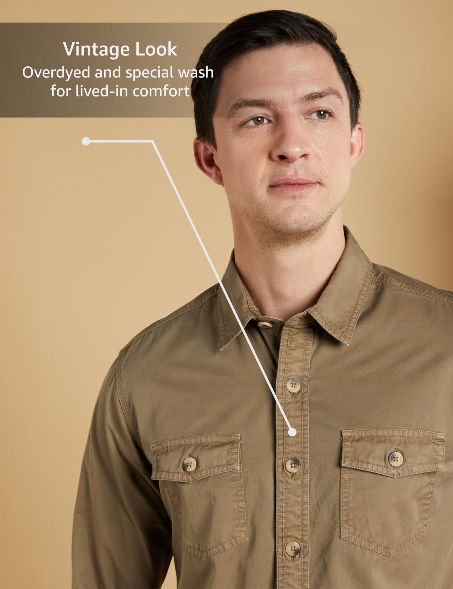 Symbol Premium Men's Casual Washed Cotton Twill Shirt (Regular Fit) (Khaki_L)