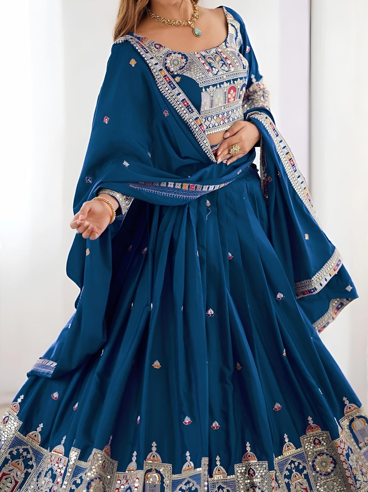 Zeel Clothing Women's Sequins Thread Embroidered French Crepe Lehenga Choli With Dupatta (5118-Dove-Blue-Women-Lehenga-Choli; Free size) (Dove Blue)