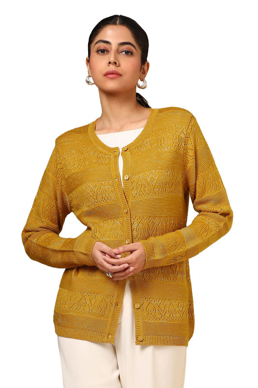 Soch Womens Mustard Acrylic Crochet Cardigan