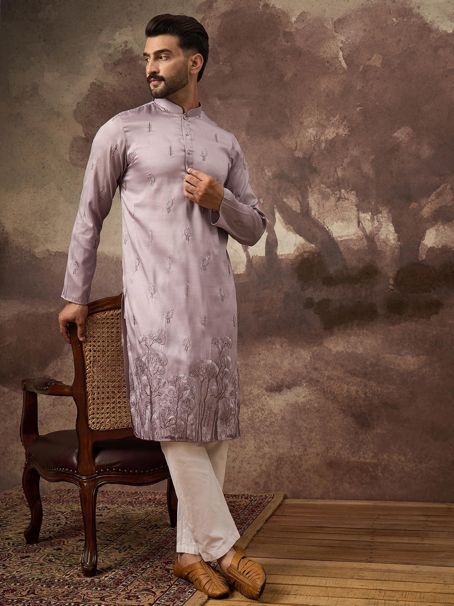 Ethnic Bay Men's Lavender Silk Blend Solid Embroidered Calf Length Kurta's | Embroidered Kurta for Men | Straight Fit Kurtas for Mens (MKU1333, S)