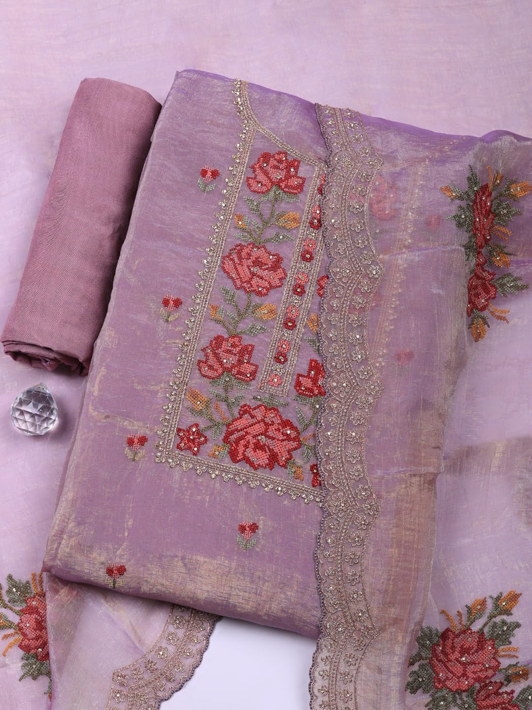 Meena Bazaar Purple Embroidered Tissue Unstitched Suit With Pant & Dupatta