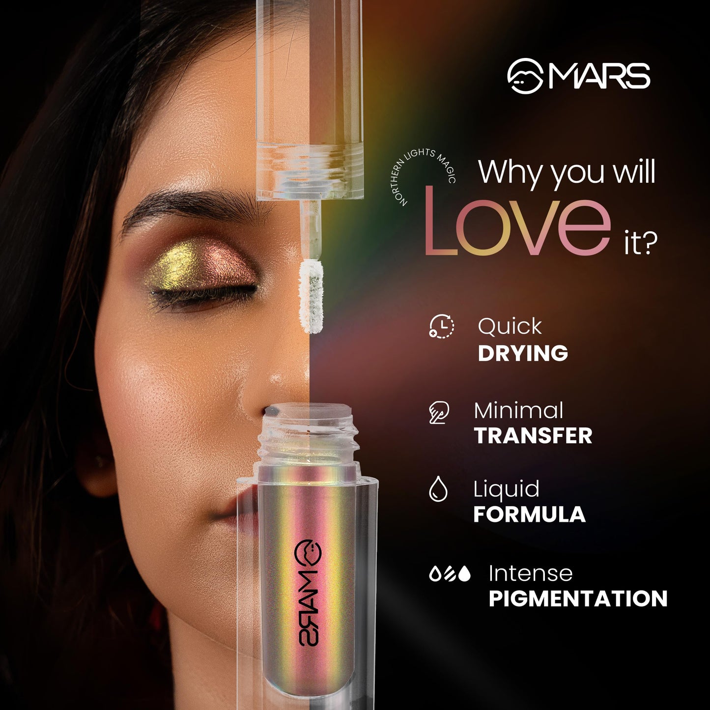 MARS Northern Lights Liquid Eyeshadow With Dual-Tone Chrome Effect | Liquid Shimmer | One Swipe Pigmentation | Smudge Proof | Light Weight Formula | (1.8ml) (05-Greenlandic Gleam)