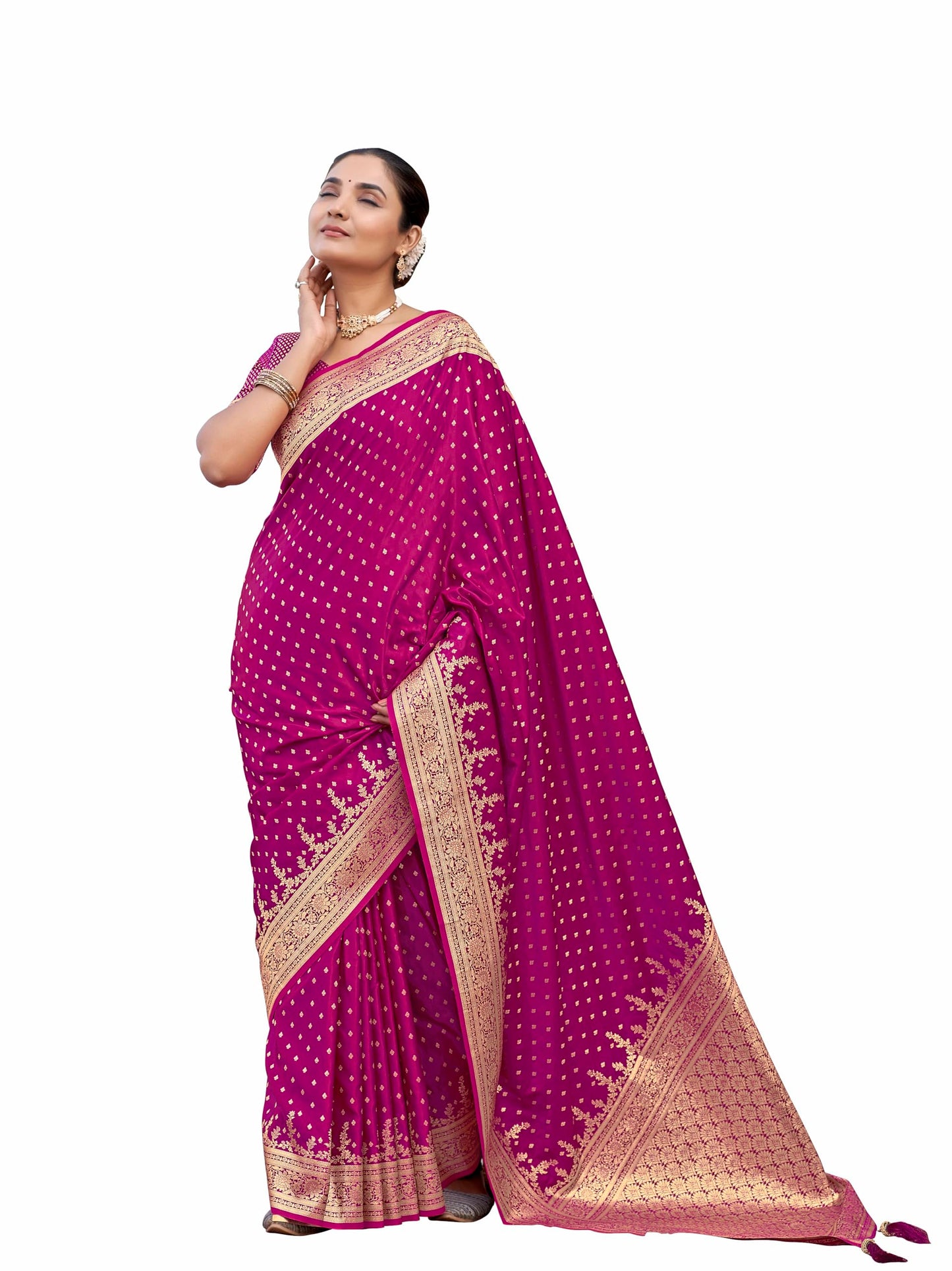 MANOHARI Women's Most Trendy Banarasi Satin Silk Woven Pink Saree With Heavy Jacquard Work Saree With Blouse Piece_MN1994