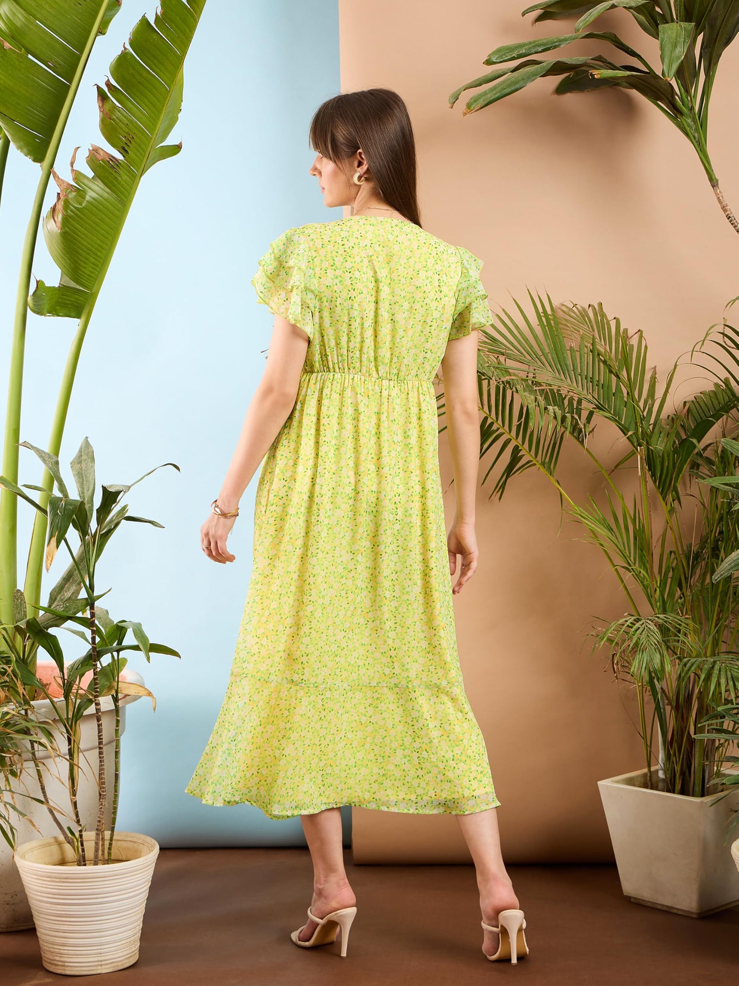 SASSAFRAS Women's Georgette Midi Dress Below The Knee SFDRSS12212 Yellow