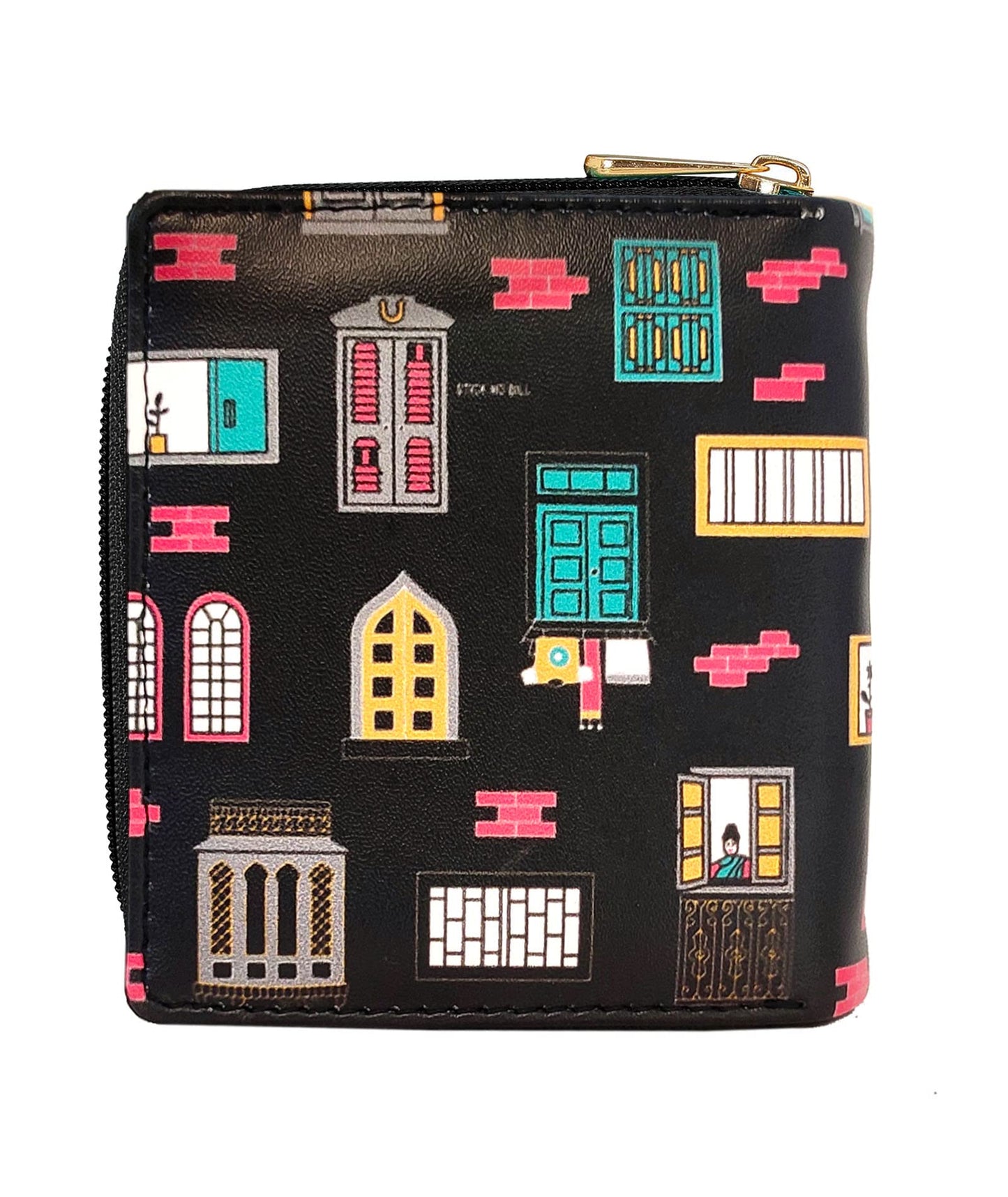 Funk For Hire Women’s Printed Black Vegan Leather Small Wallet with 8 Card Slots, 2 Hidden Pockets, Full-Length Cash Compartment, Zippered Coin Pouch, Compact Bifold Design