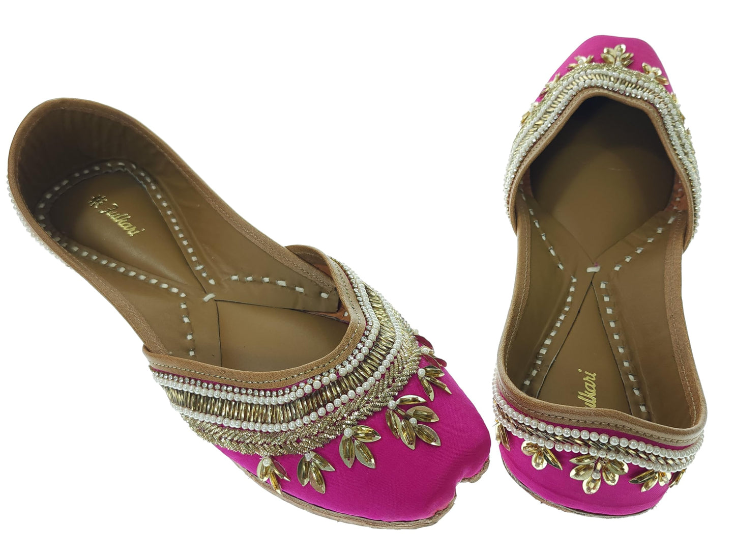 Fulkari Women's Blossom Magenta Gold Soft Leather Embroidered Jutis | Bite and Pinch Free Jutti | Punjabi Formal Juttis | Girl's Wedding Flat Ladies Mojari | Formal Ethnic Juti | 41