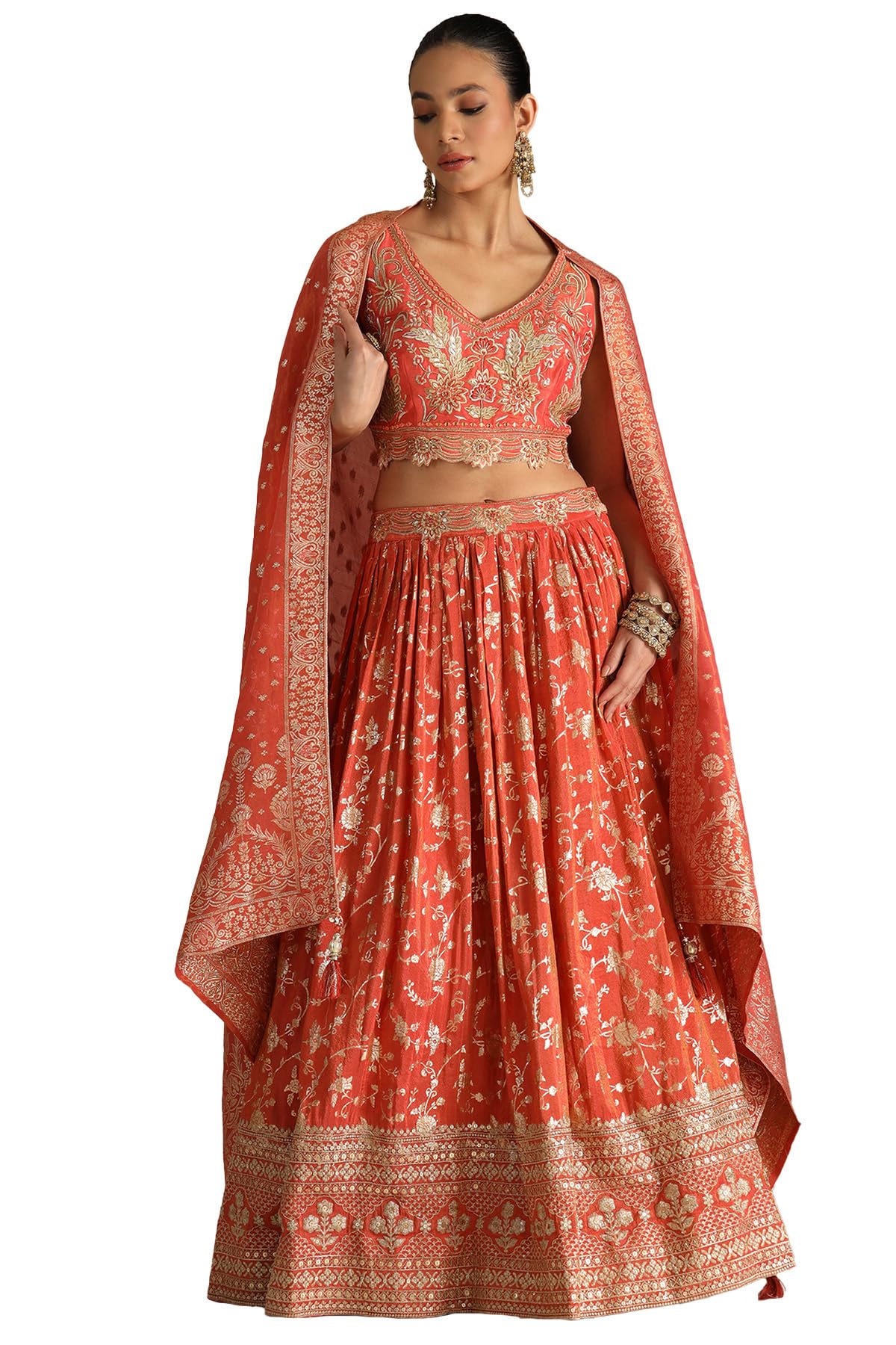 Soch Womens Orange Viscose Embroidered Ghagra Choli With Sequins